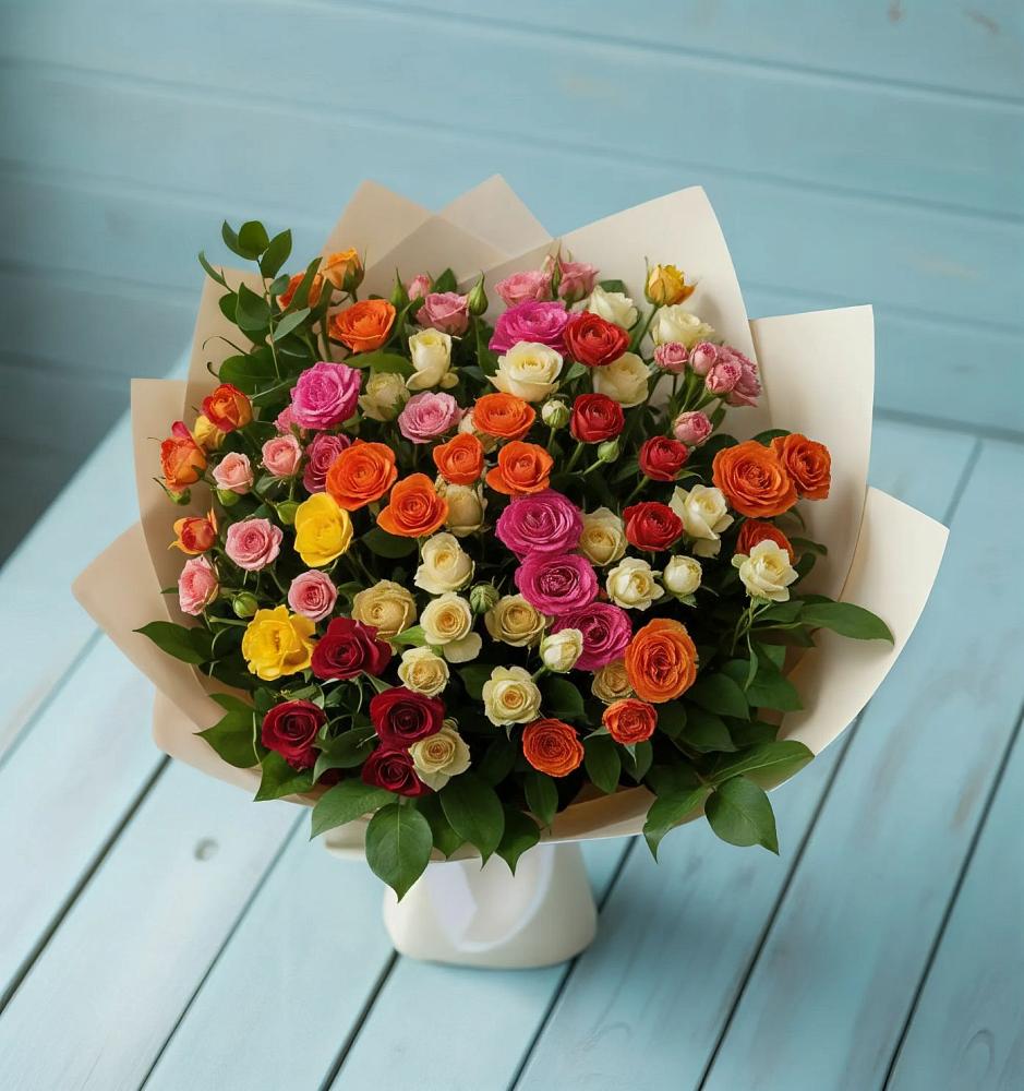 Букет Микс из разноцветных кустовых роз в Надвоицах