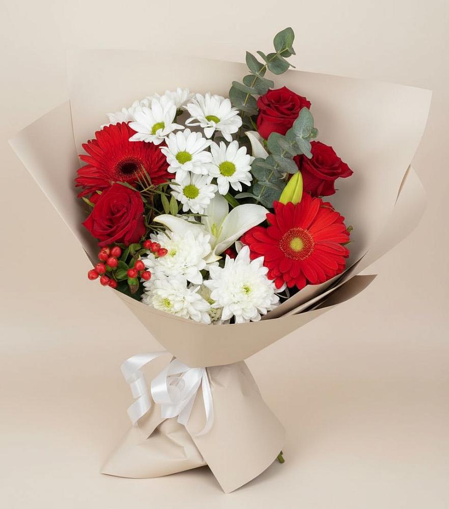 Букет цветов из: Розы, Хризантемы, Герберы и Лилии в Надвоицах