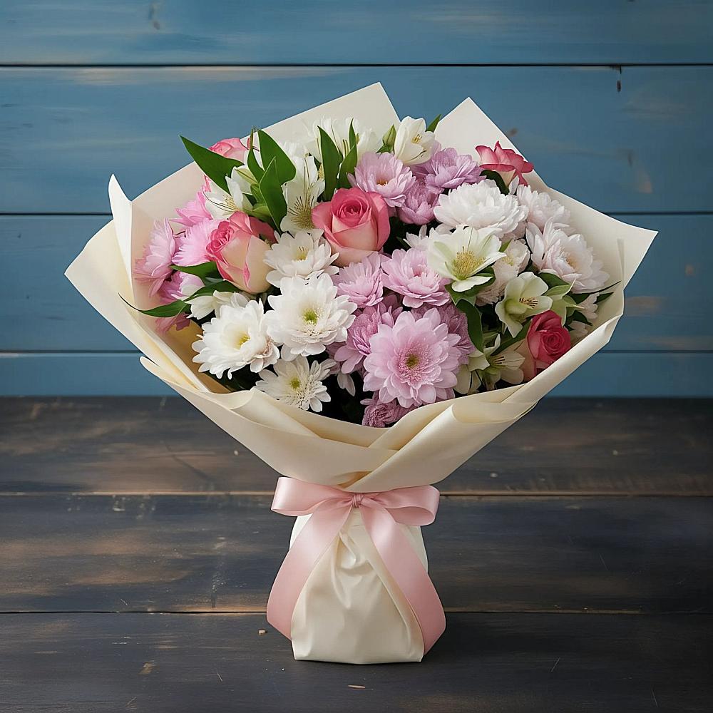 Букет цветов из: Хризантемы, Альстромерии и Розы в Надвоицах